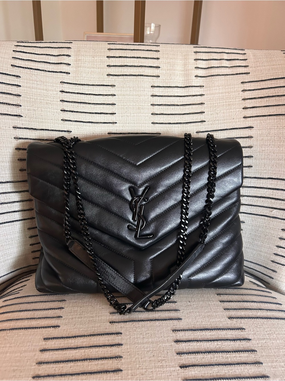 Saint Laurent Black Quilted Chevron Medium Shoulder Bag with Chain Strap